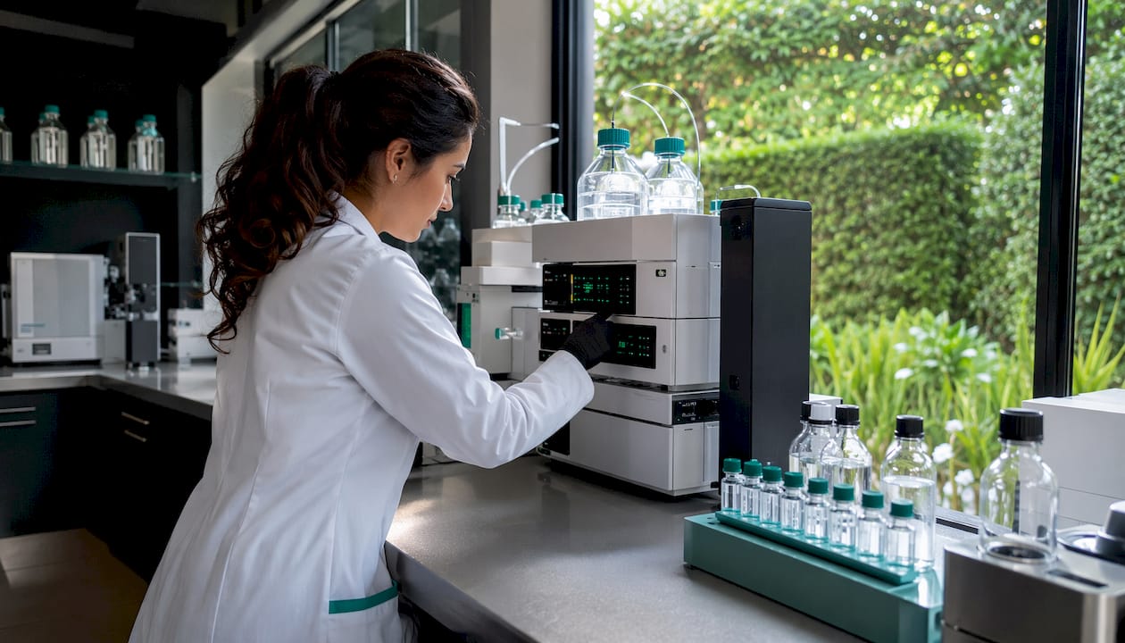 Hands preparing samples at HPLC instrument