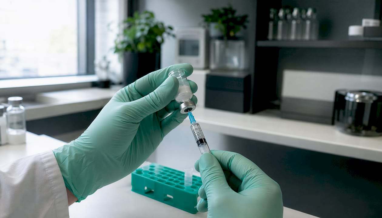 Hands reconstituting peptide vial in cleanroom