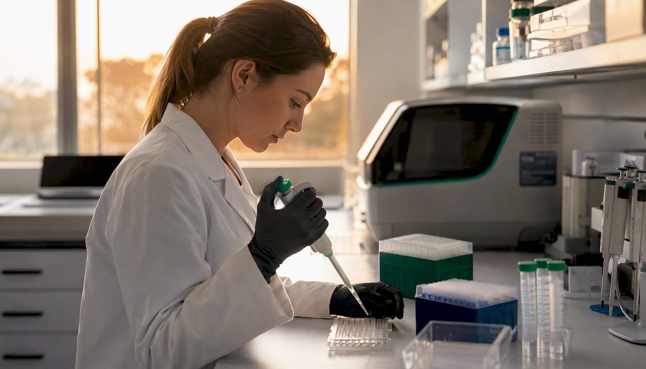 Hands preparing RT-qPCR samples for gene expression