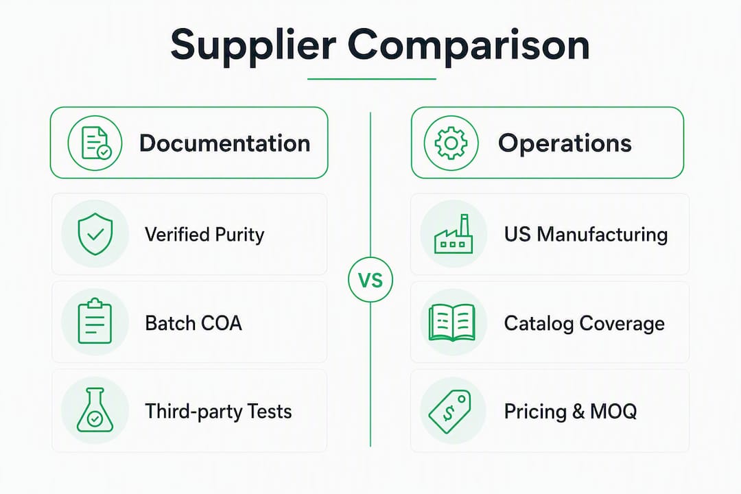 Infographic comparing peptide supplier documentation and operations