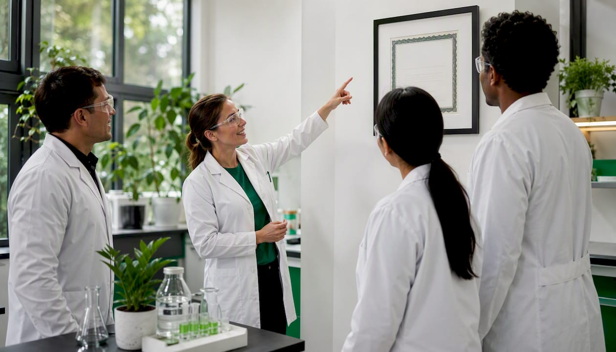 Lab team reviewing ISO/IEC 17025 accreditation certificate