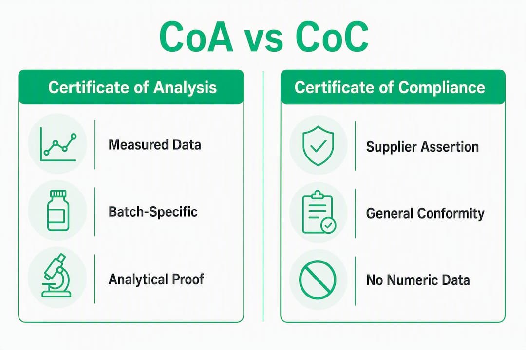 Infographic comparing Certificate of Analysis and Certificate of Compliance