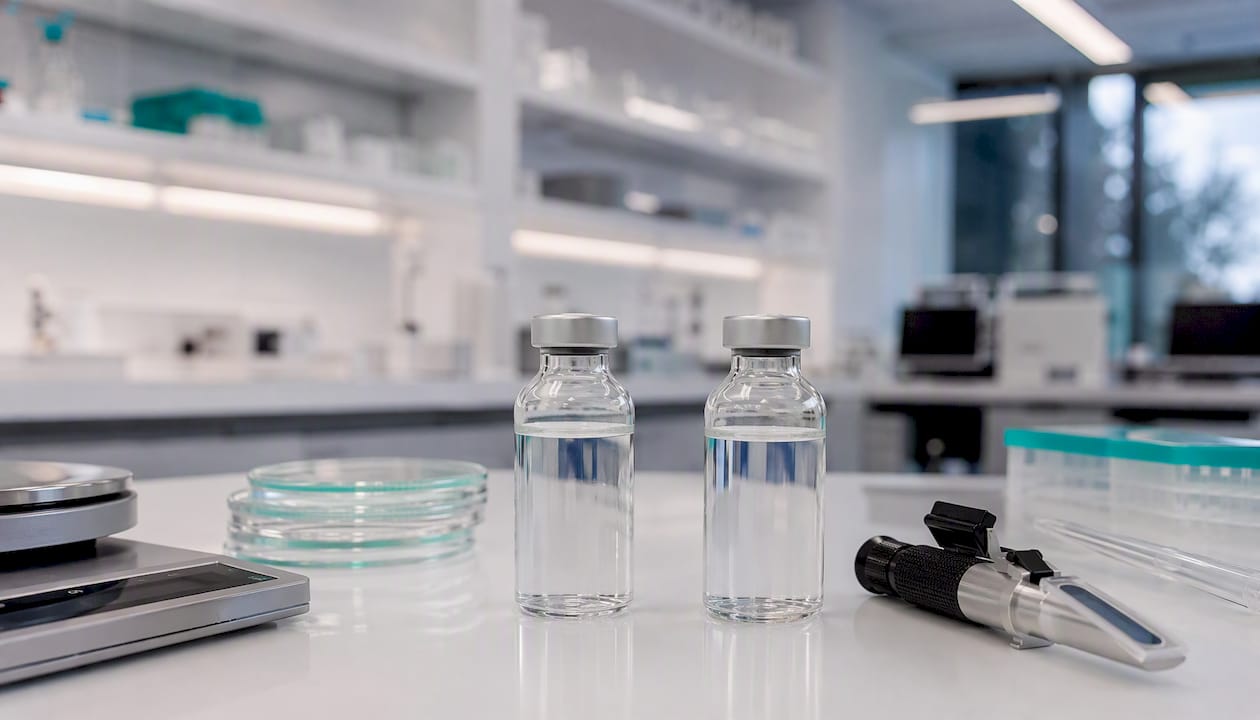 Side-by-side vials of bacteriostatic and sterile water on lab bench