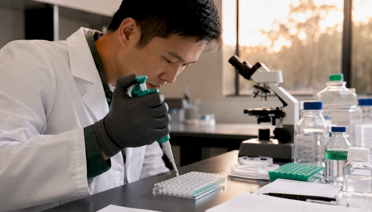 Lab technician pipetting samples in research lab