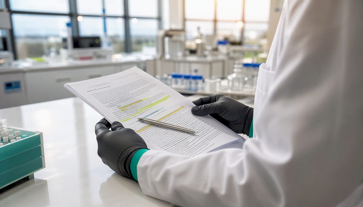Hands reviewing FDA regulatory RUO document
