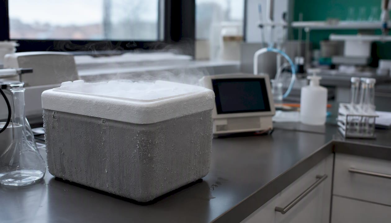 Dry ice pellets sublimating in shipping container