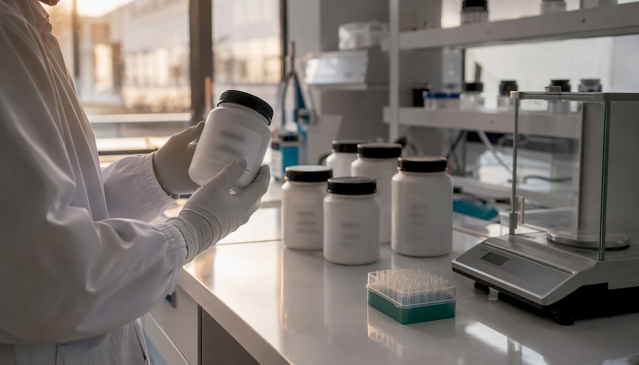 Hands inspecting raw material containers in lab