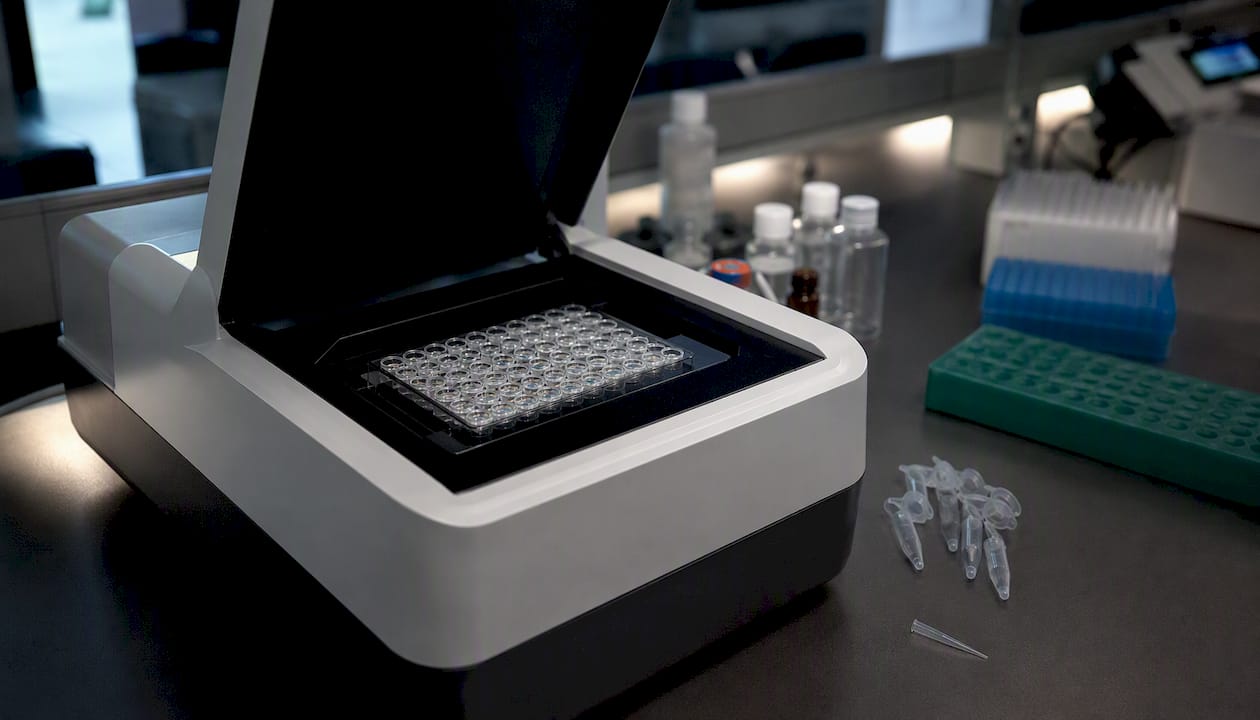 Fluorescence plate reader measuring peptide samples