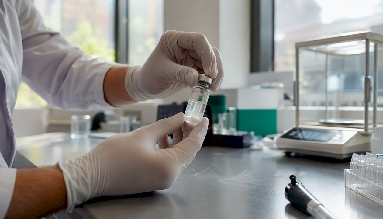 Gloved hands injecting diluent into peptide vial