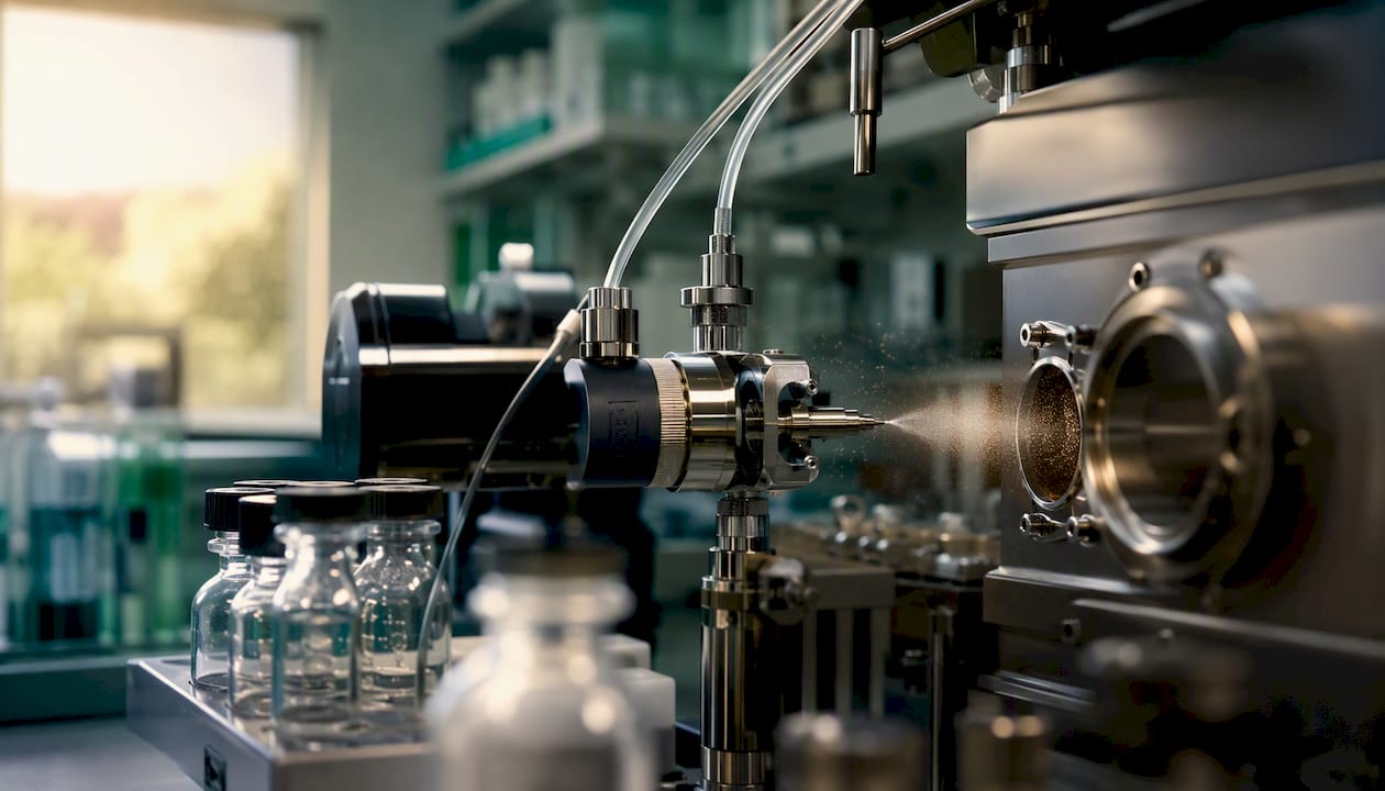 Close-up of electrospray ionization source spraying peptide ions