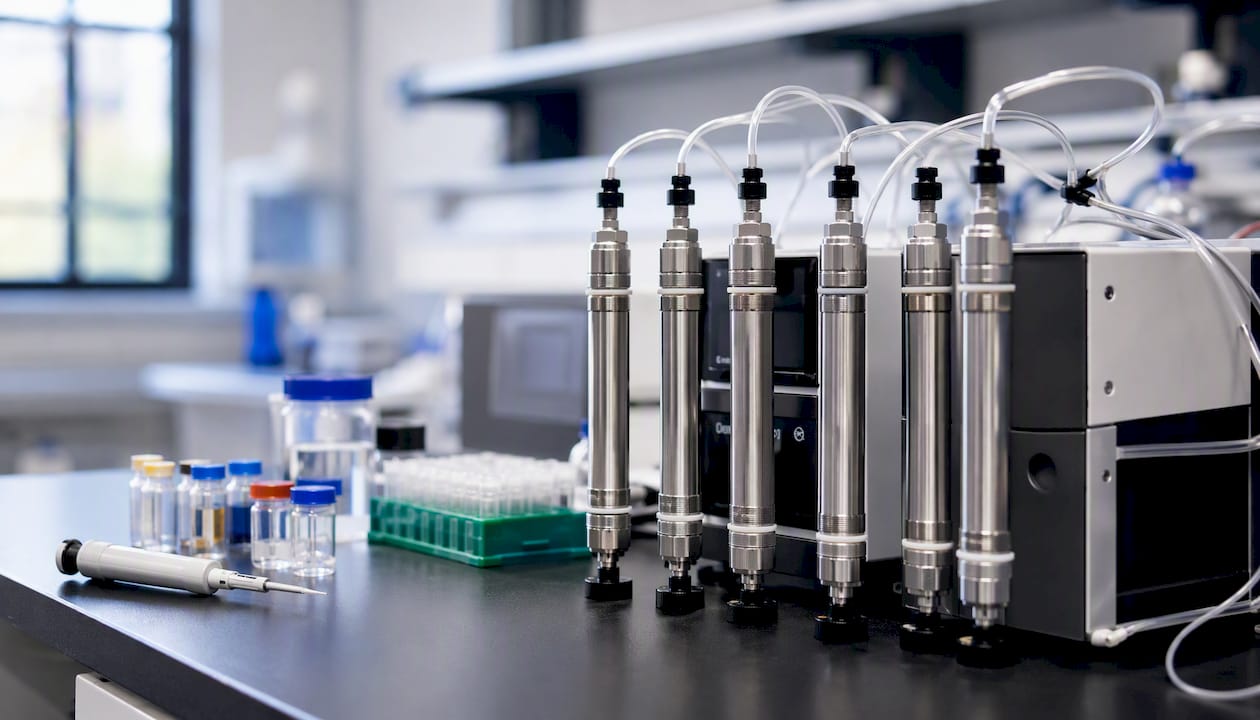 Multiple HPLC columns side-by-side on lab bench
