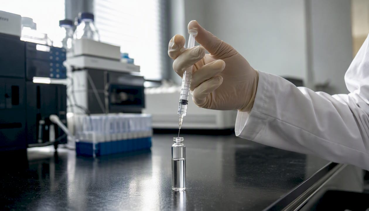 Gloved hand holding syringe loading HPLC sample solvent