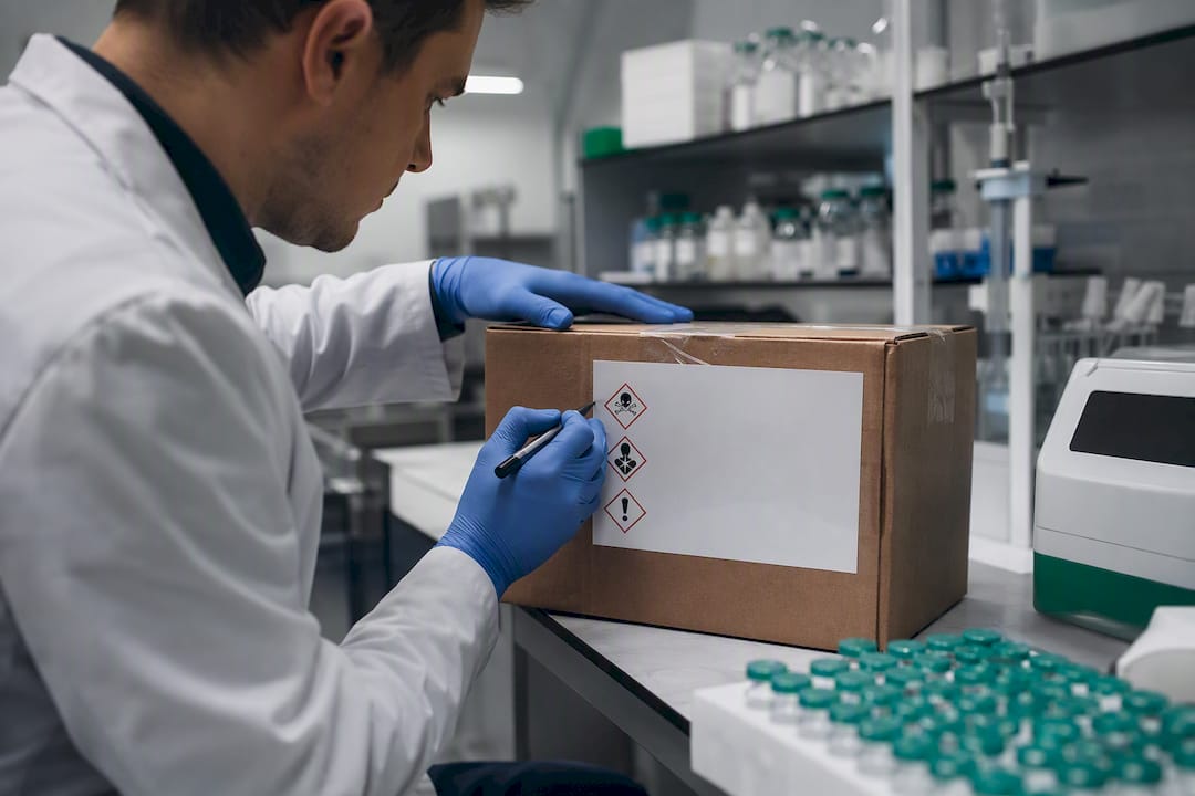 Hands labeling research chemical shipment box