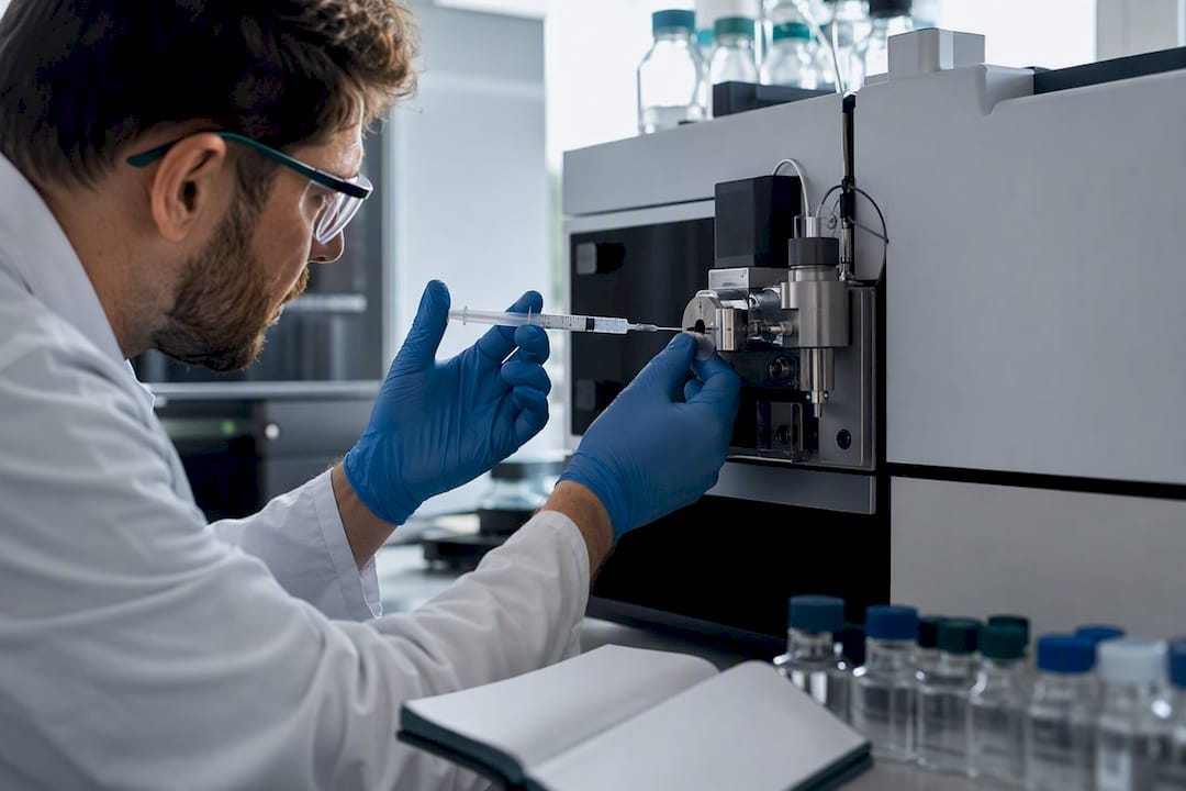 Chemist running LC-MS peptide sample analysis