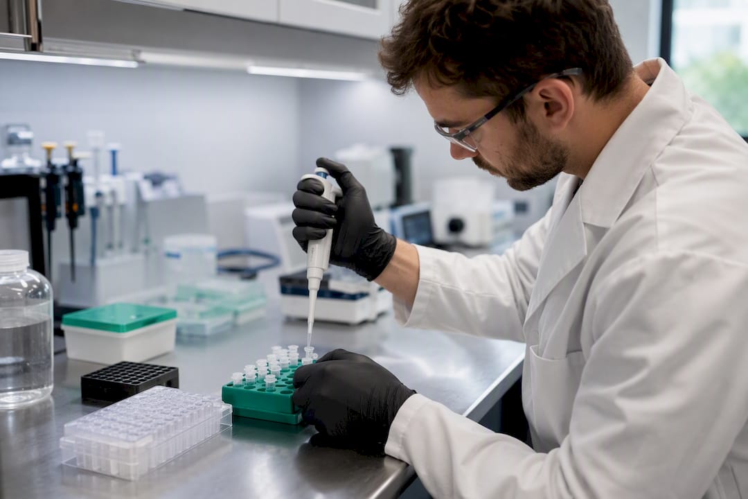 Scientist pipetting peptide samples for analysis