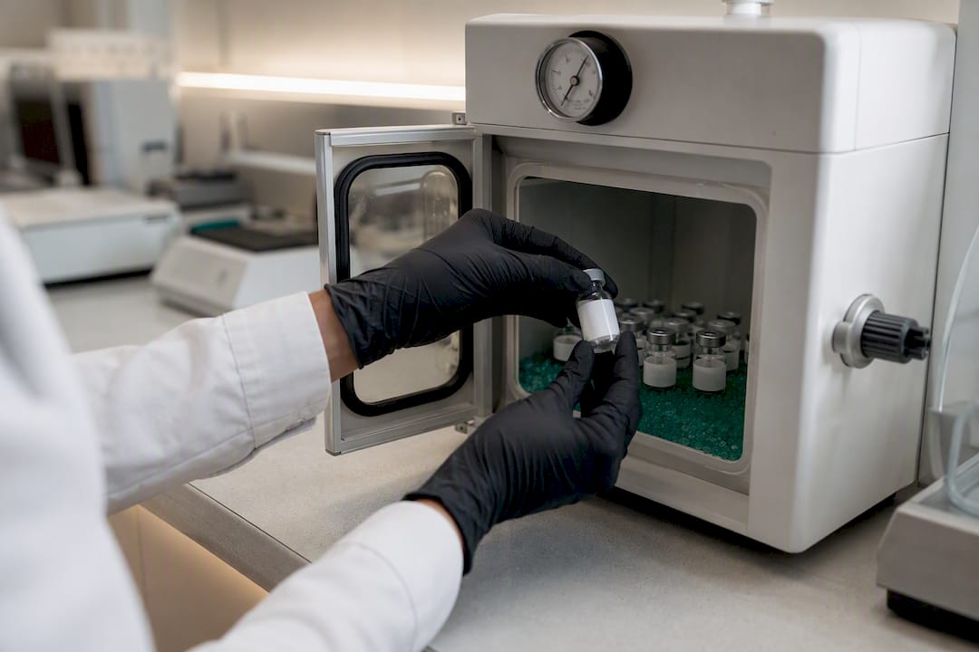 Hands placing peptide vials into desiccator cabinet