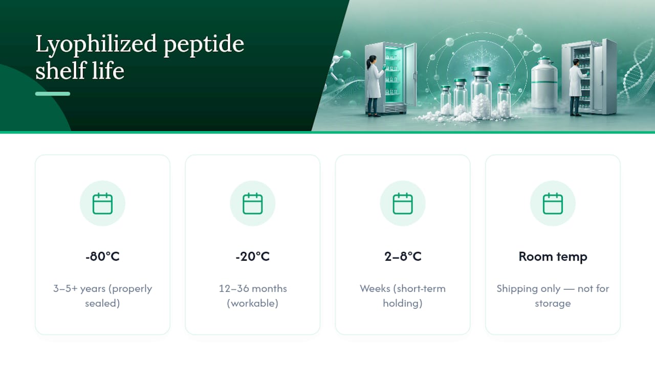Peptide stability timelines by storage temperature