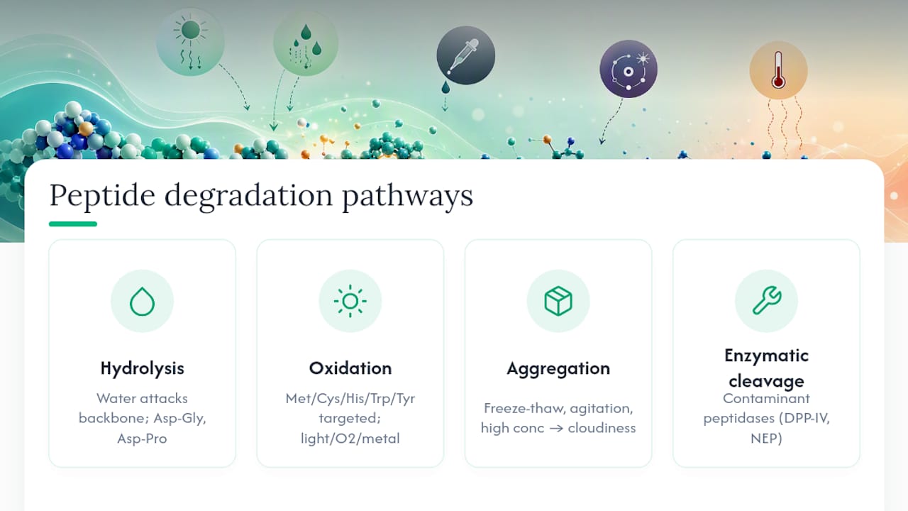 Diagram of peptide degradation processes causing discoloration