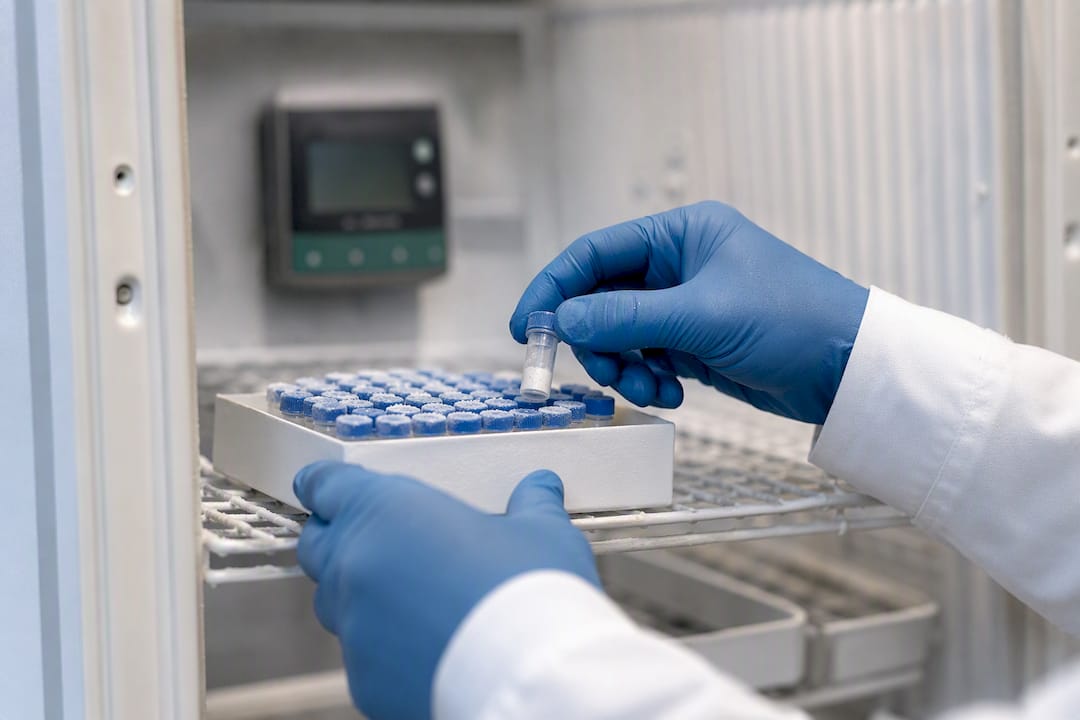 Gloved hands storing peptide vial in fridge