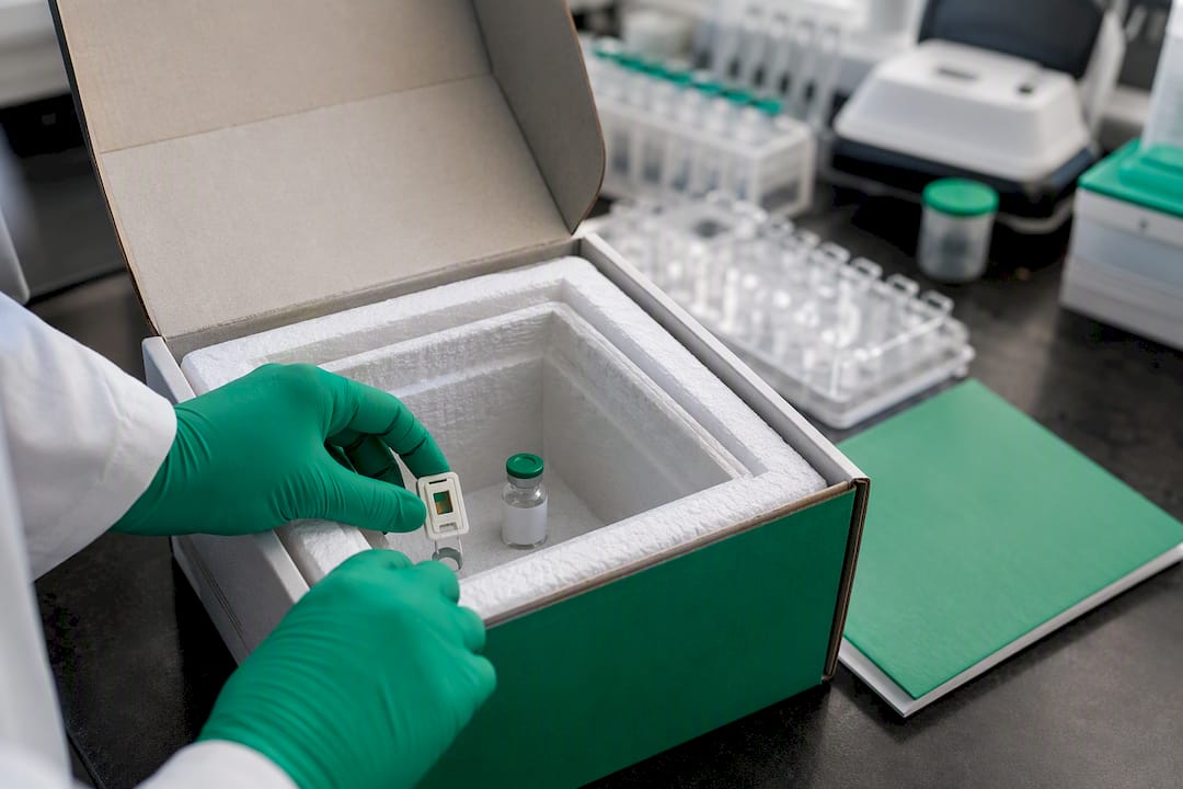 Hands placing temperature sensor near peptide vial in shipping box