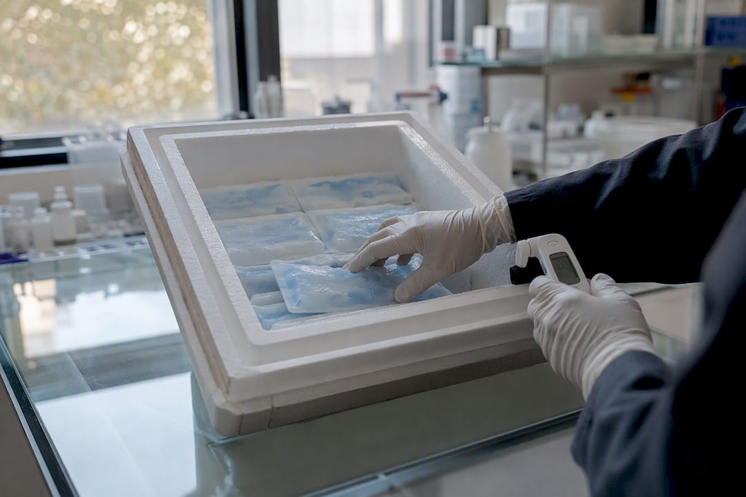 Hands adjusting coolant packs in pharma cold chain package