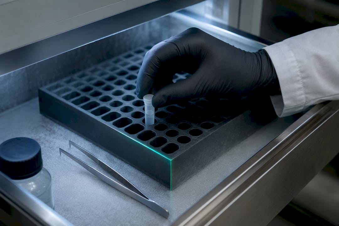 Placing a frozen peptide aliquot in storage