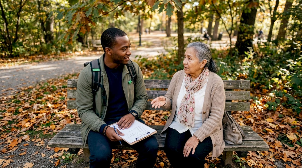 Health worker consulting elderly woman outdoors
