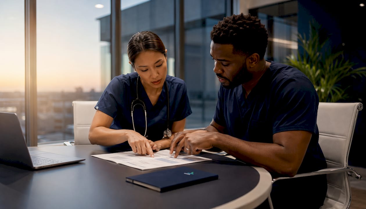Healthcare professionals discussing case referrals
