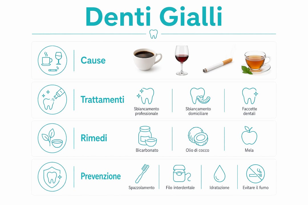 Infografica: scopri le cause dei denti ingialliti, i rimedi più efficaci, i trattamenti disponibili e i consigli utili per prevenirli
