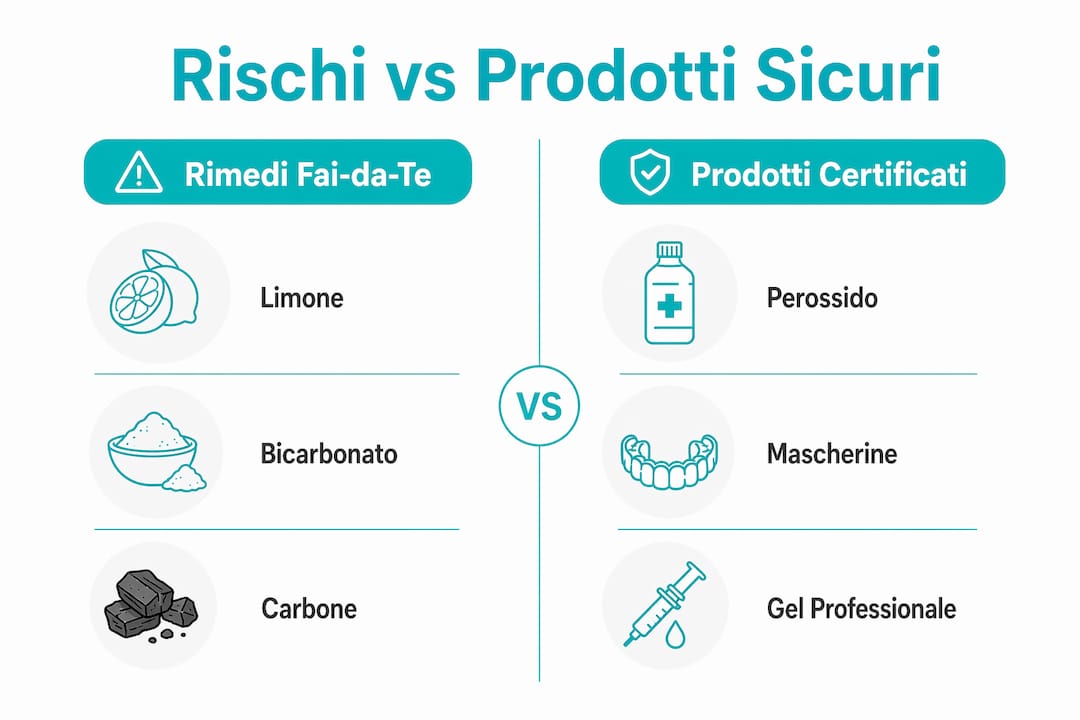 Infografica: differenze tra rischi dei rimedi casalinghi e sicurezza dei prodotti professionali per lo sbiancamento dei denti
