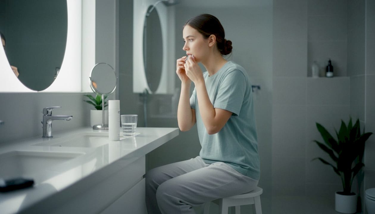 Di sera, una donna si dedica alla preparazione di una maschera gel sbiancante fatta in casa.