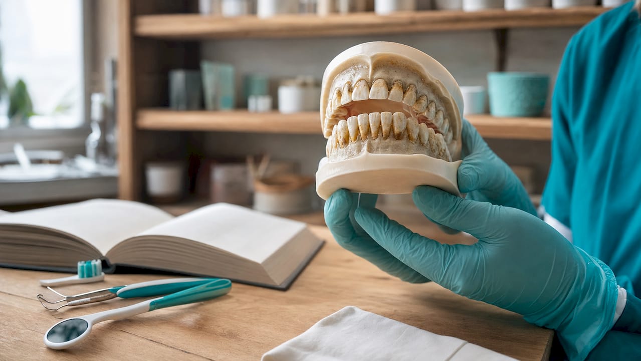 Dettaglio ravvicinato di un dente che mette in evidenza i pori dello smalto macchiati dalla nicotina.