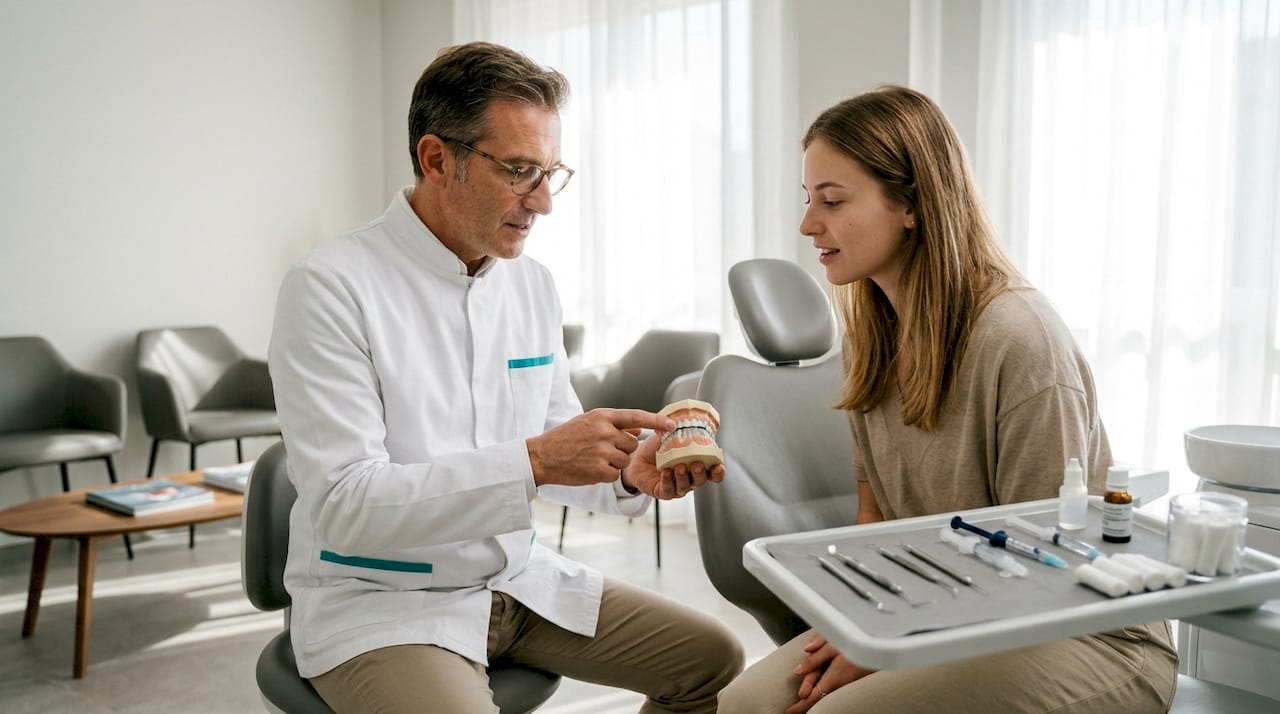 Il dentista visita un paziente nel suo studio, offrendo consulenza e assistenza professionale.