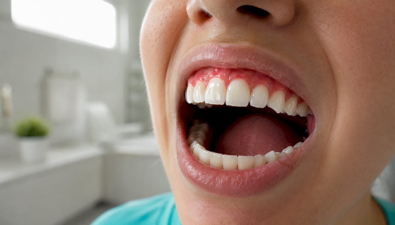Dettaglio dei denti con gengive irritate e sensibili, visibilmente arrossate
