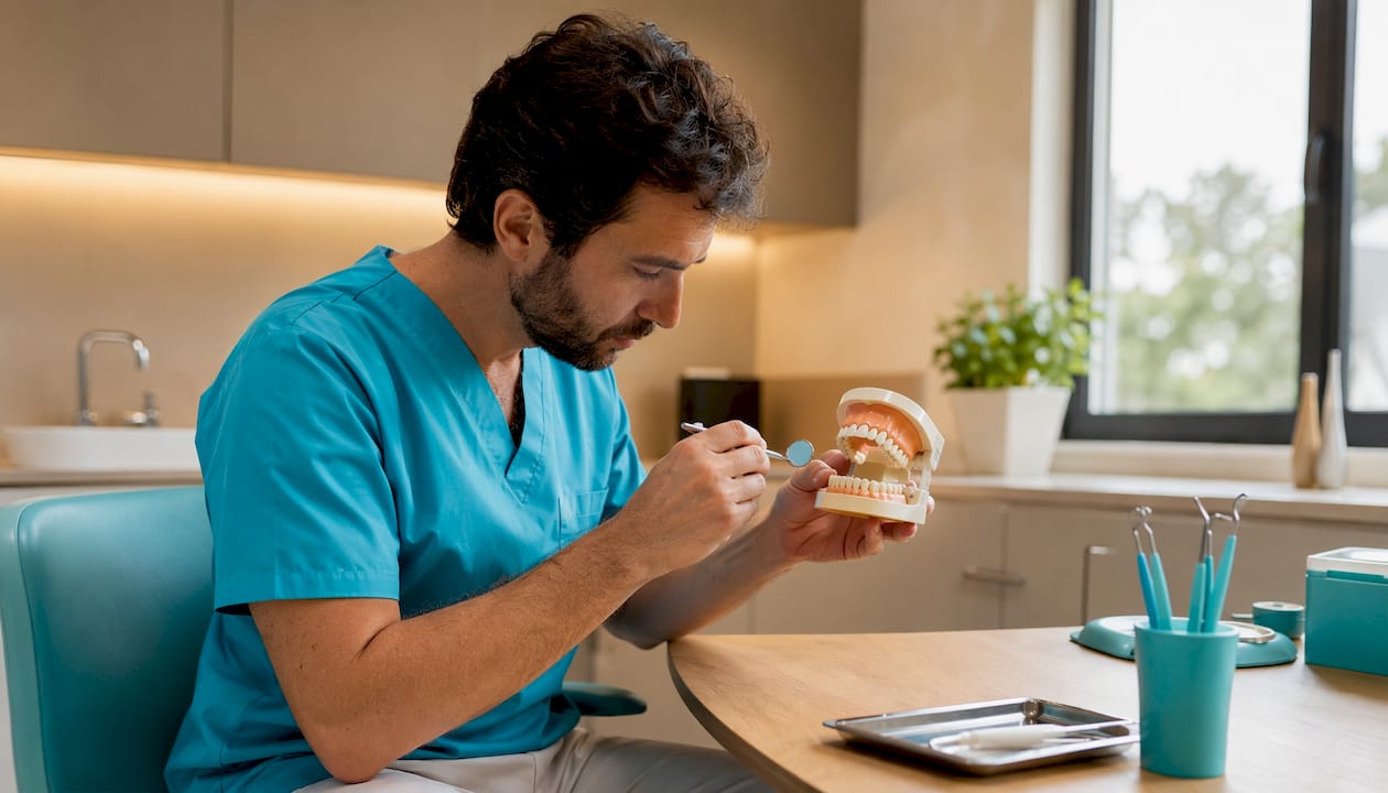 Mani che controllano le macchie sui denti di un modello