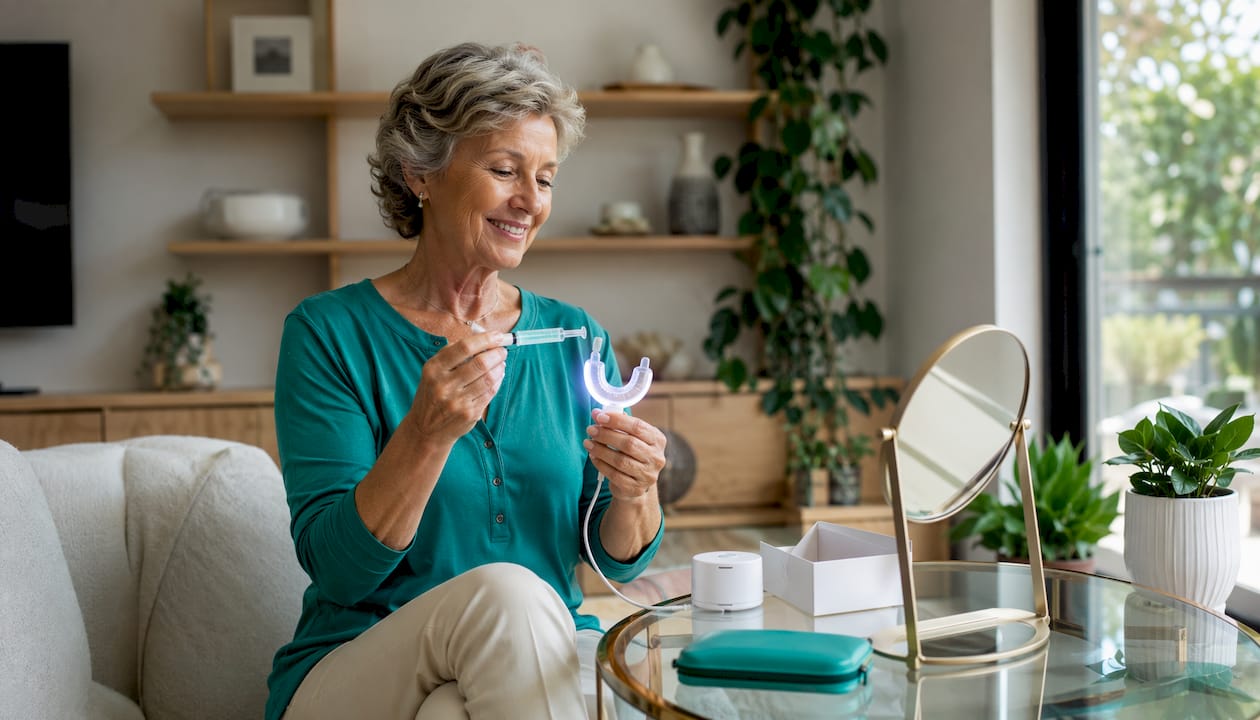 Due mani mostrano un kit LED per lo sbiancamento dei denti da utilizzare comodamente a casa.