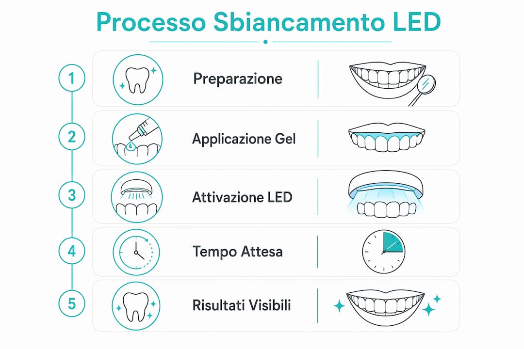 Infografica: tutte le fasi del trattamento sbiancante LED per i denti