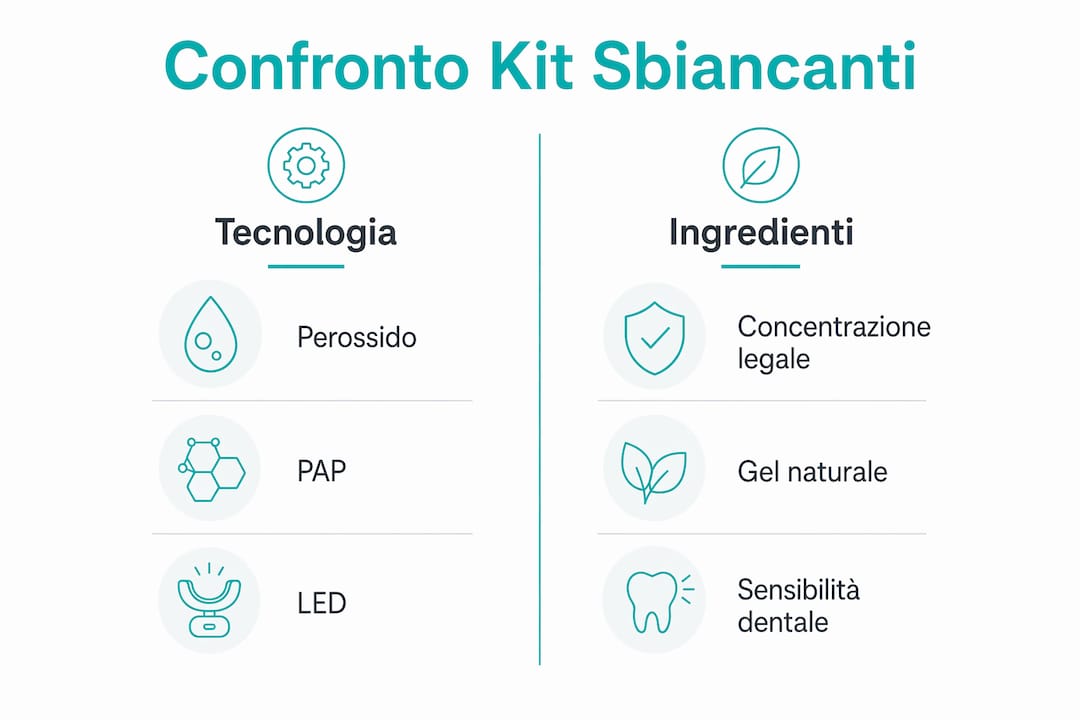 Infografica: confronto tra le diverse tecnologie e ingredienti dei kit per lo sbiancamento dentale
