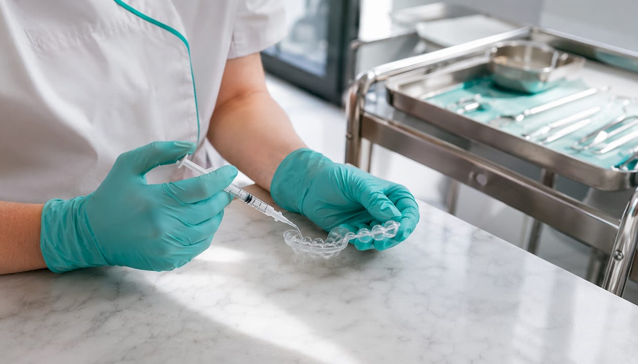 Un’estetista esperta stende il gel all’interno della mascherina con mani sicure e professionali.