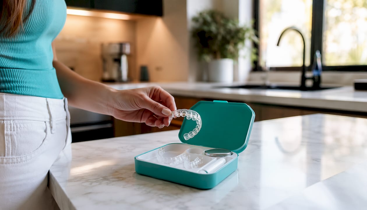Kit per lo sbiancamento dei denti aperto su un mobile in un bagno luminoso