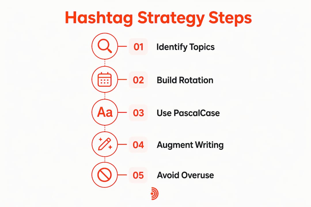 Infographic illustrating five steps for LinkedIn hashtag strategy