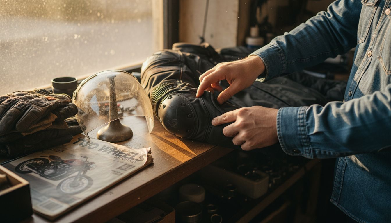 Close-up examining protective motorcycle jacket