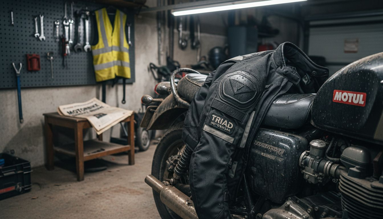 Textile motorcycle jacket in cluttered garage