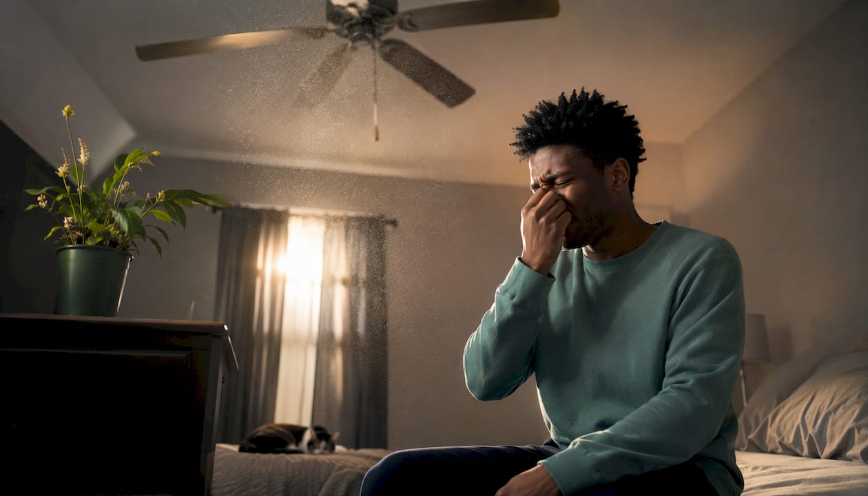 Man reacting to indoor allergens in living room