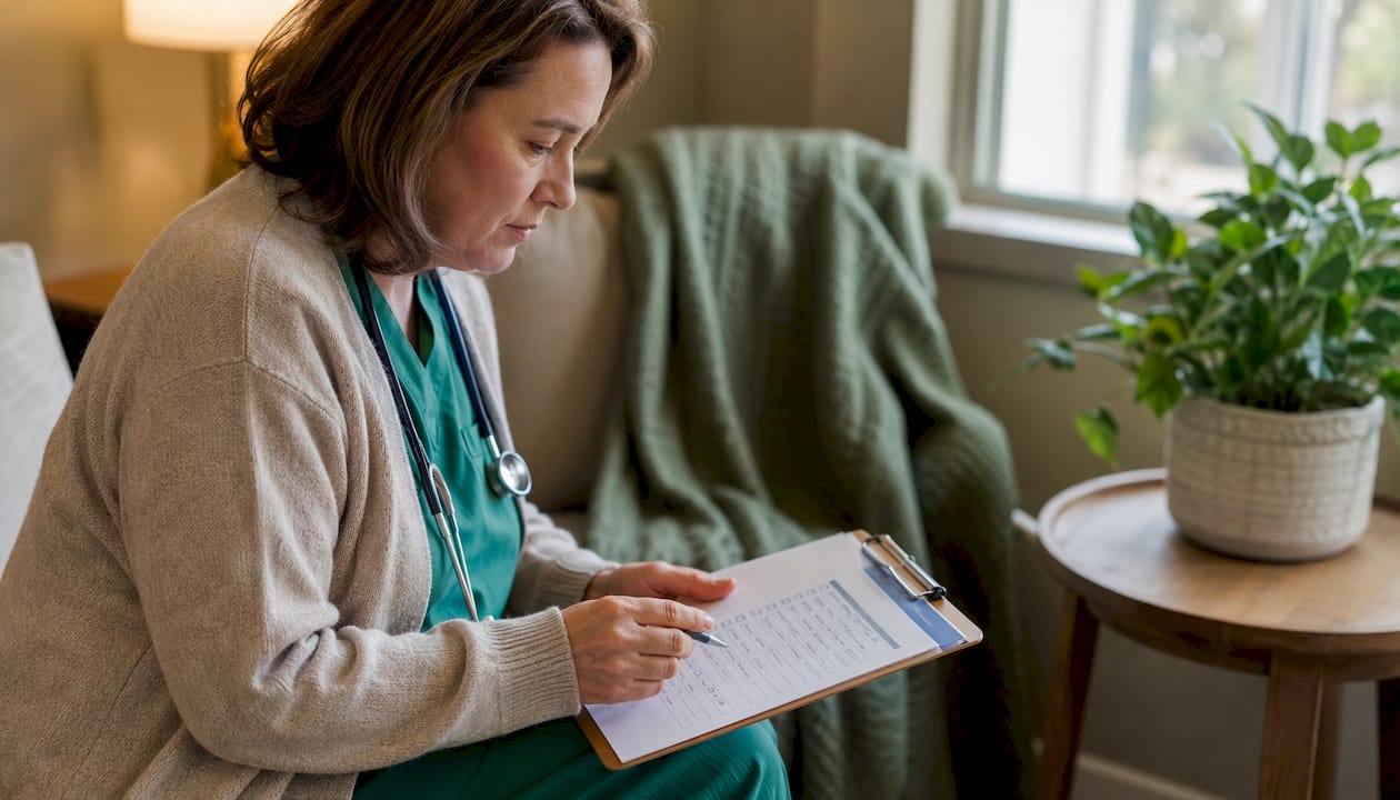 Healthcare professional reviewing symptom checklist