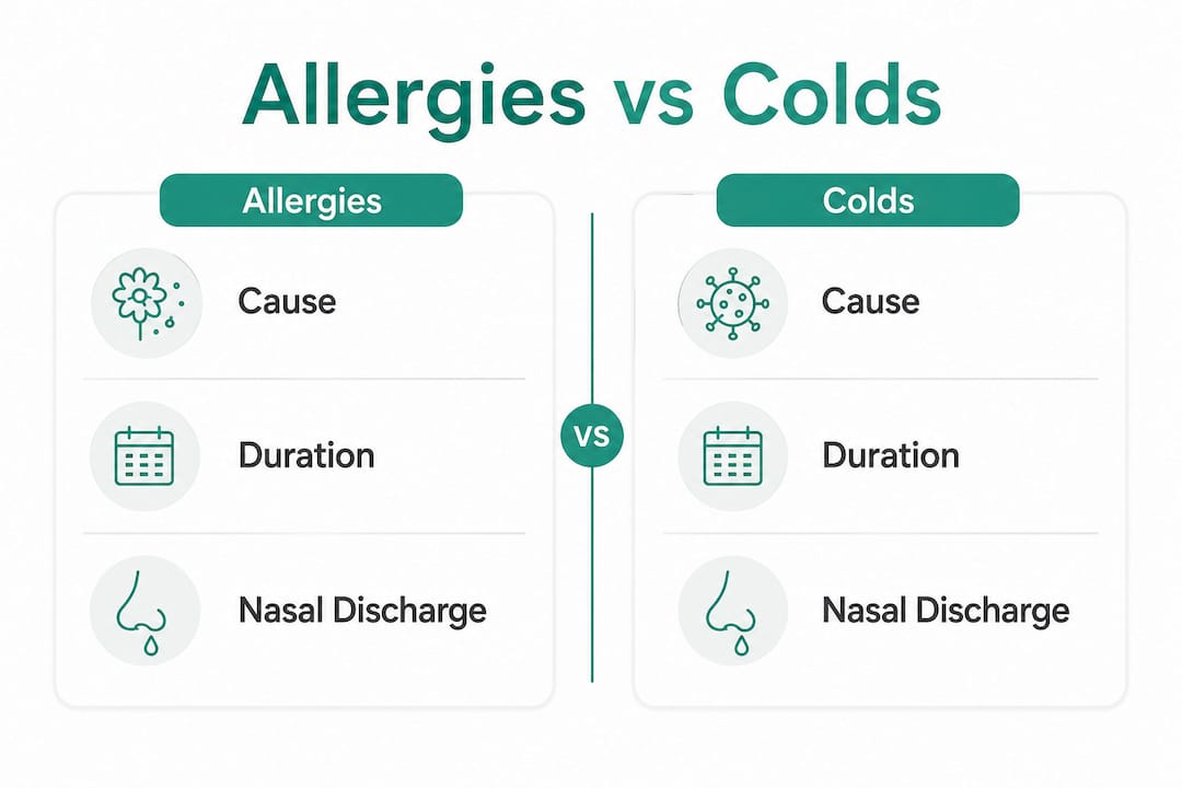 Infographic comparing allergies and colds with key points