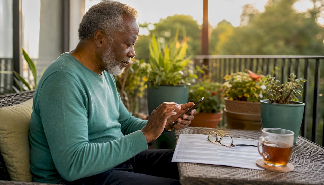 Older man saving urgent care contacts on phone at home
