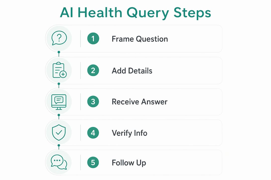 Infographic illustrating five steps to ask AI health questions safely