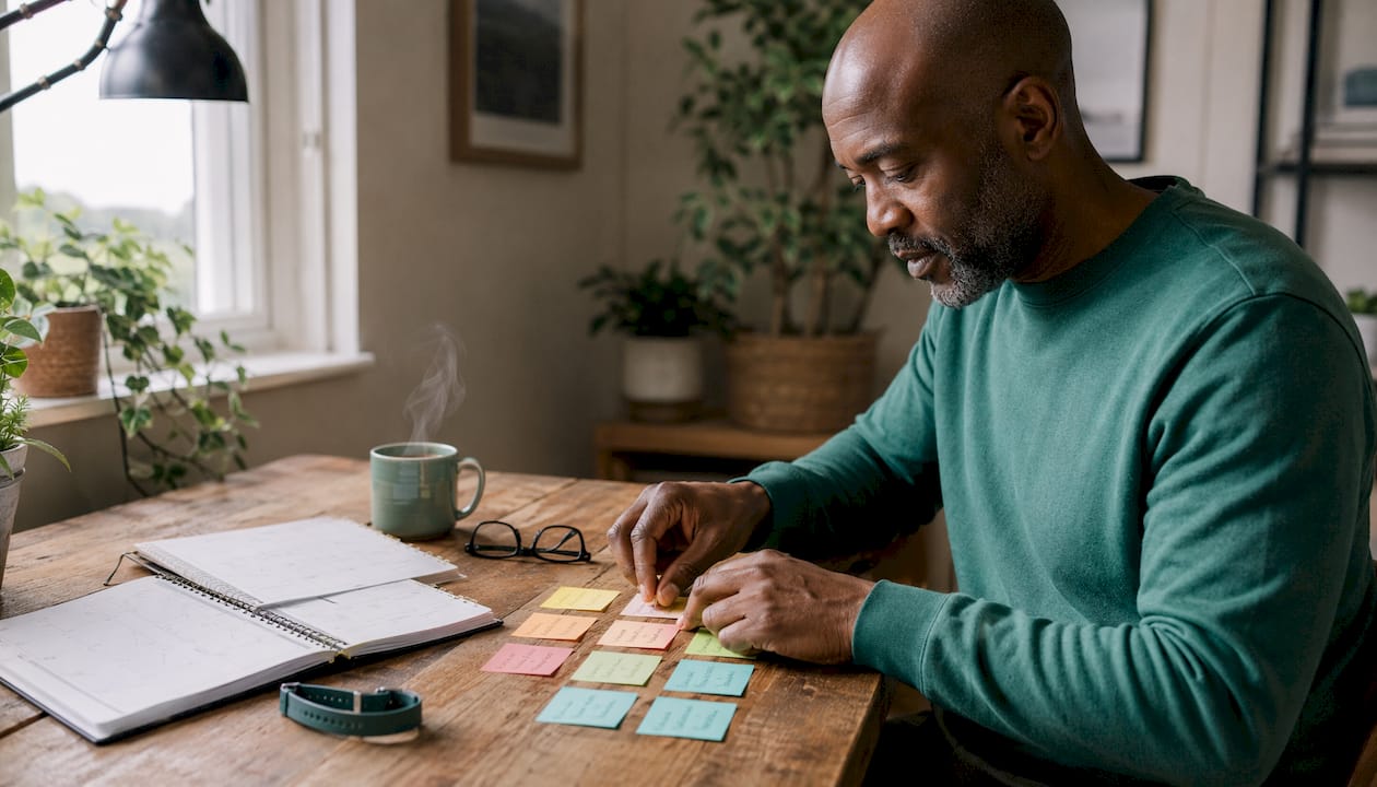 Overhead view of man organizing daily exercise schedule