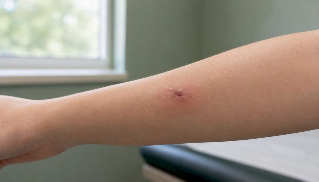 Close-up of slow healing sore on skin